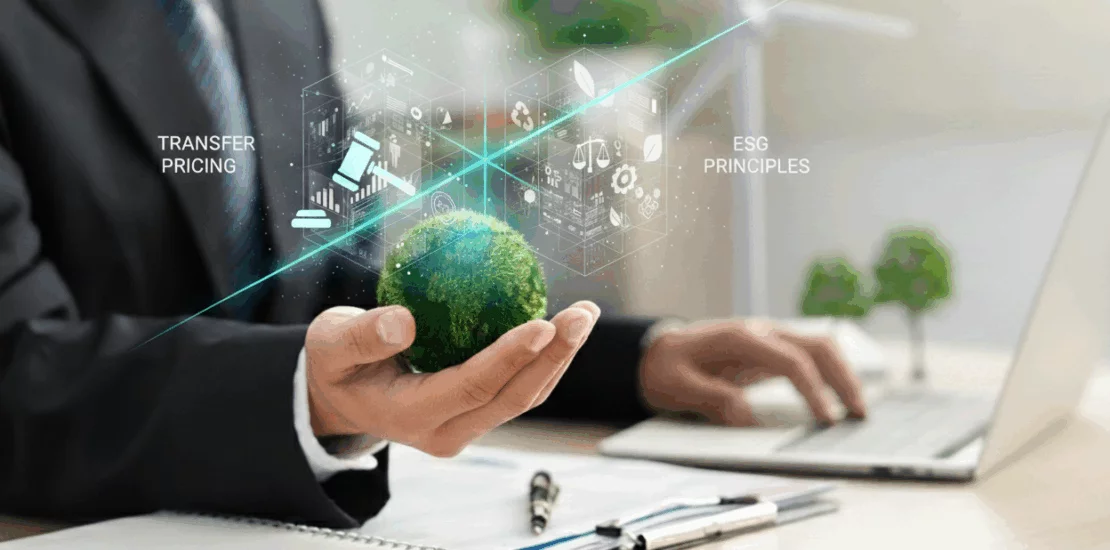 Businessman holding a moss globe, projecting a hologram illustrating "Transfer Pricing" with law/dispute icons and "ESG Principles," connected by a teal line symbolizing dispute mitigation.