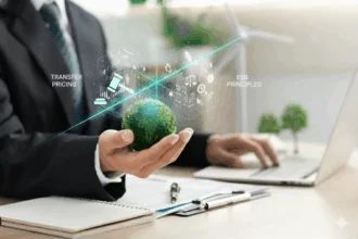 business-esg-law-transfer-pricing-hologram Businessman holding a moss globe, projecting a hologram illustrating "Transfer Pricing" with law/dispute icons and "ESG Principles," connected by a teal line symbolizing dispute mitigation.