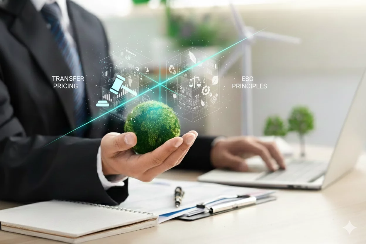 Businessman holding a moss globe, projecting a hologram illustrating "Transfer Pricing" with law/dispute icons and "ESG Principles," connected by a teal line symbolizing dispute mitigation.