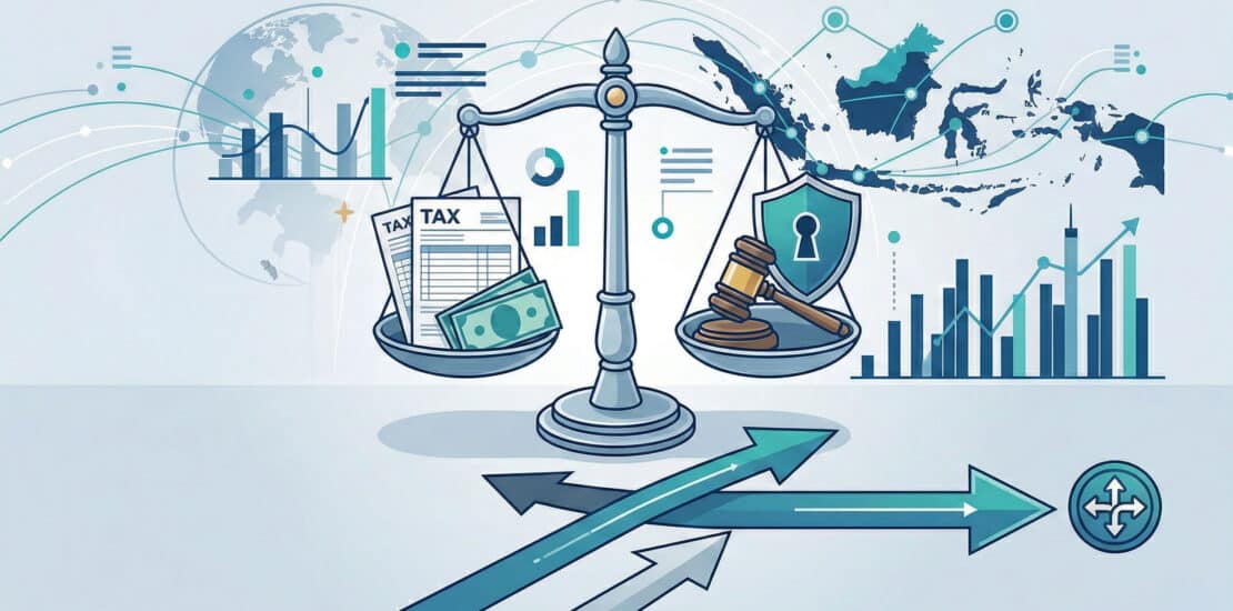 A professional 2D flat illustration of the scales of justice balancing tax documents and a legal gavel, featuring an Indonesia map and data charts in a clean blue and teal aesthetic.