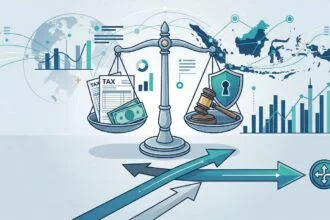 indonesia-tax-dispute-resolution-guide-legal-balance A professional 2D flat illustration of the scales of justice balancing tax documents and a legal gavel, featuring an Indonesia map and data charts in a clean blue and teal aesthetic.