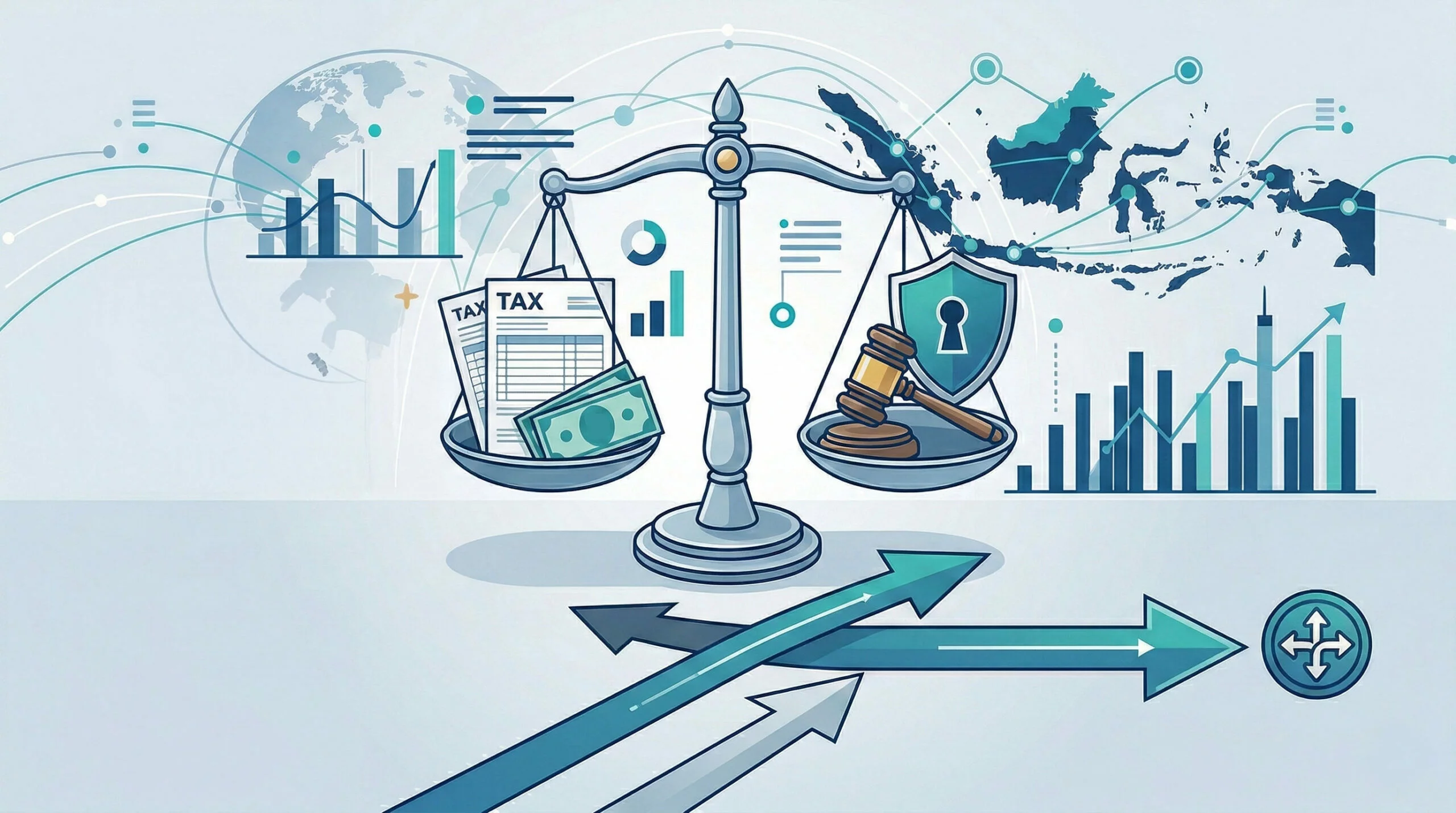 A professional 2D flat illustration of the scales of justice balancing tax documents and a legal gavel, featuring an Indonesia map and data charts in a clean blue and teal aesthetic.