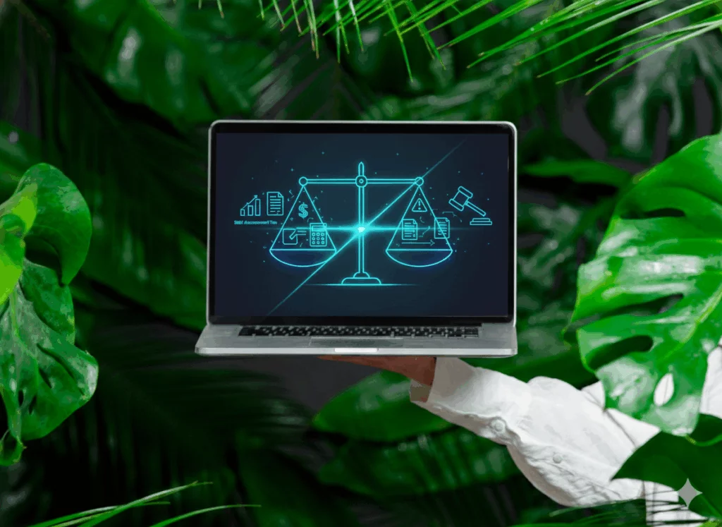 Professional holding a laptop displaying a digital interface with scales of justice, tax documents, and a gavel, symbolizing the management of tax disputes under Indonesia’s self-assessment system.