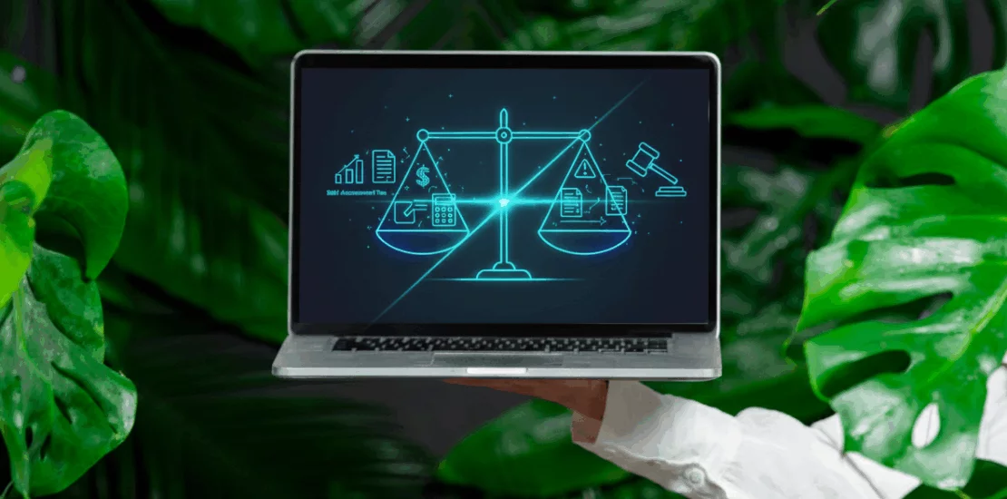 Professional holding a laptop displaying a digital interface with scales of justice, tax documents, and a gavel, symbolizing the management of tax disputes under Indonesia’s self-assessment system.