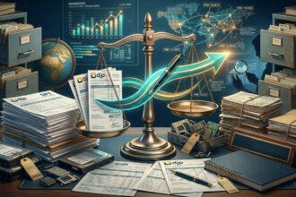 indonesia-tax-audit-strategies-pmk-15-2025-compliance A professional office desk featuring stacks of Indonesian tax documents (SPT), a digital audit dashboard, and an analytical pen symbol, illustrating strategies for tax audit changes under PMK 15/2025.