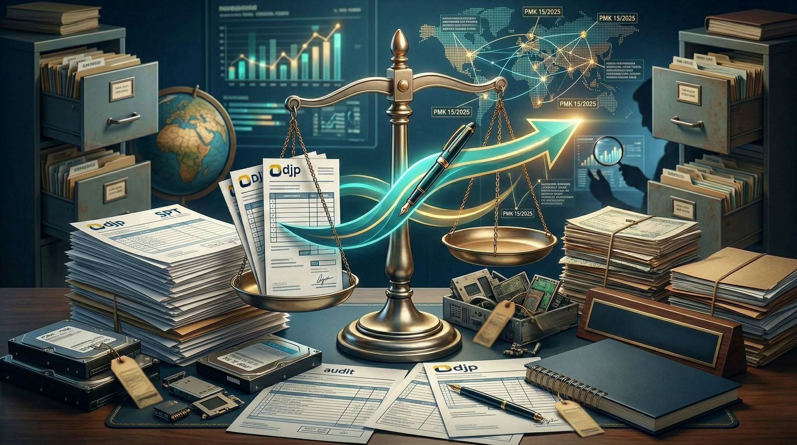 A professional office desk featuring stacks of Indonesian tax documents (SPT), a digital audit dashboard, and an analytical pen symbol, illustrating strategies for tax audit changes under PMK 15/2025.
