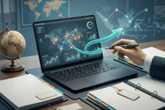 indonesia-tax-audit-procedures-pmk-15-2025-digital-analysis A professional office setting in Indonesia featuring a person using a fountain pen to point at a digital data dashboard on a laptop, surrounded by organized tax folders and a global map, representing modern tax audit procedures.