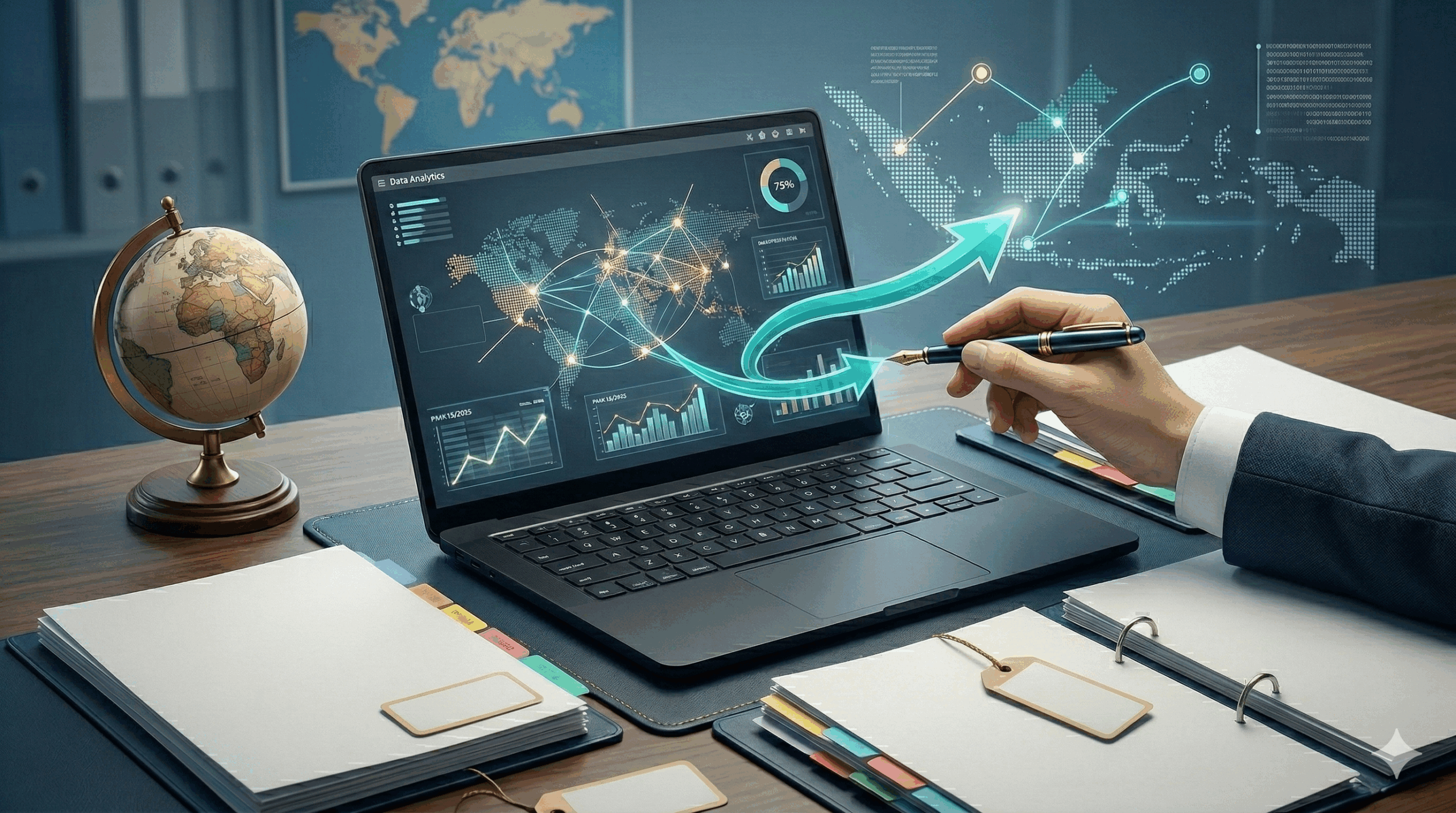 A professional office setting in Indonesia featuring a person using a fountain pen to point at a digital data dashboard on a laptop, surrounded by organized tax folders and a global map, representing modern tax audit procedures.