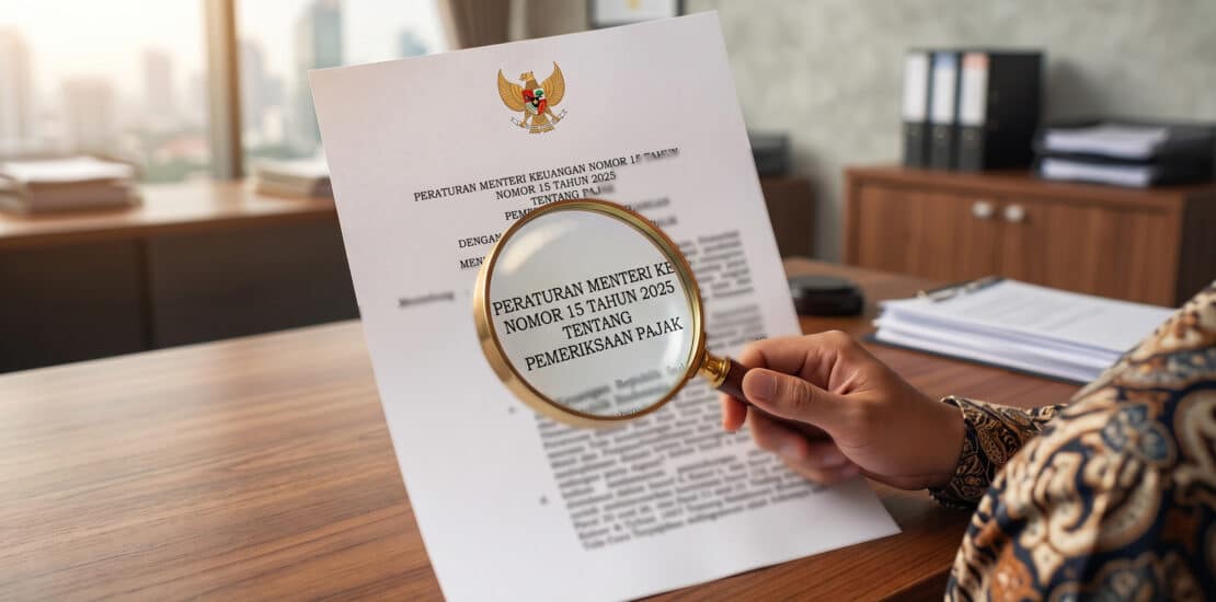 A close-up of a person's hand holding a magnifying glass over an official Indonesian government document titled 'PERATURAN MENTERI KEUANGAN NOMOR 15 TAHUN 2025 TENTANG PEMERIKSAAN PAJAK' with the Garuda coat of arms, in a professional office setting.