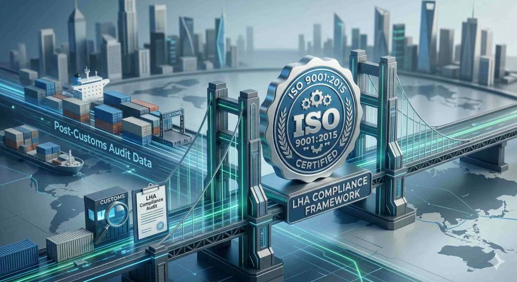 Conceptual illustration of post-customs audit strategy integrating ISO 9001 for LHA compliance and global logistics risk management