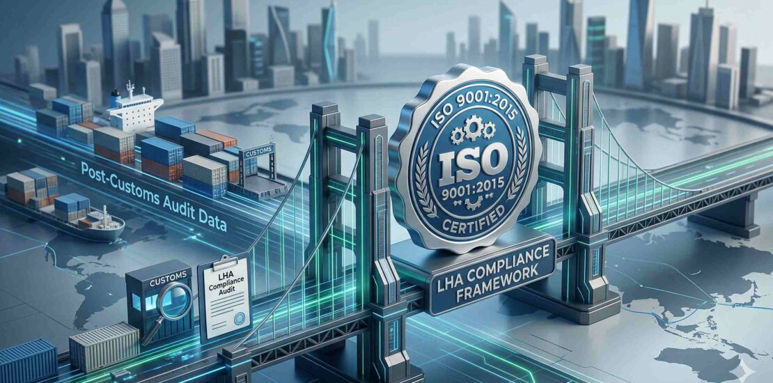 Conceptual illustration of post-customs audit strategy integrating ISO 9001 for LHA compliance and global logistics risk management