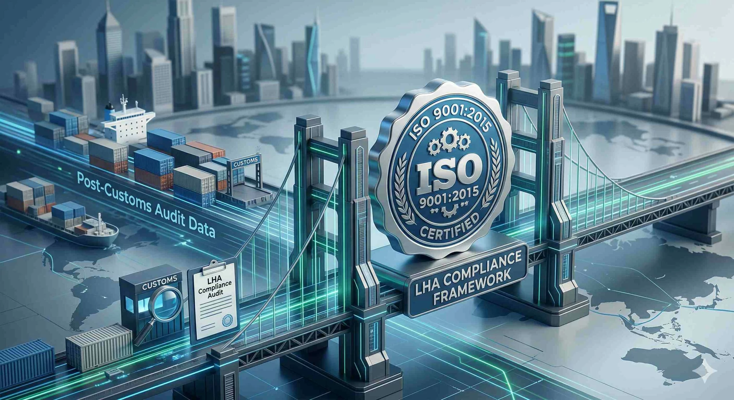 Conceptual illustration of post-customs audit strategy integrating ISO 9001 for LHA compliance and global logistics risk management