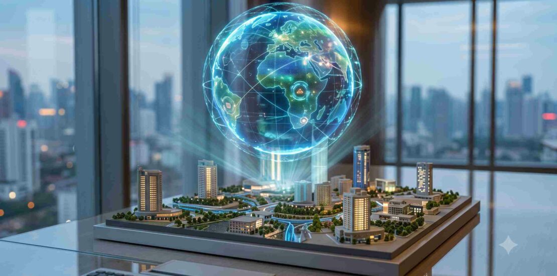 A futuristic 3D architectural model of a smart city on a desk, projecting a glowing holographic globe showing data networks, set against a twilight view of the Jakarta city skyline through modern office windows