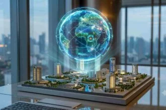 Jakarta Business Expansion A futuristic 3D architectural model of a smart city on a desk, projecting a glowing holographic globe showing data networks, set against a twilight view of the Jakarta city skyline through modern office windows