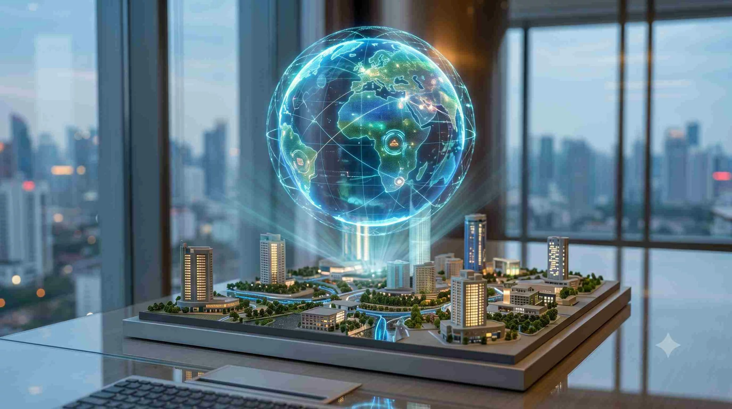 A futuristic 3D architectural model of a smart city on a desk, projecting a glowing holographic globe showing data networks, set against a twilight view of the Jakarta city skyline through modern office windows