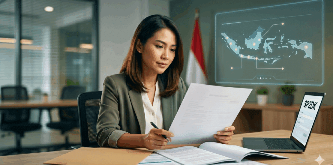 Indonesian tax professional reviewing compliance documents next to a laptop displaying an SP2DK notice, with a digital map of Indonesia representing the DGT Coretax system.