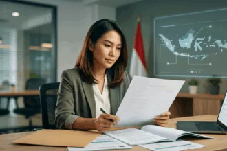indonesian-tax-professional-sp2dk-notice-coretax-2026 Indonesian tax professional reviewing compliance documents next to a laptop displaying an SP2DK notice, with a digital map of Indonesia representing the DGT Coretax system.