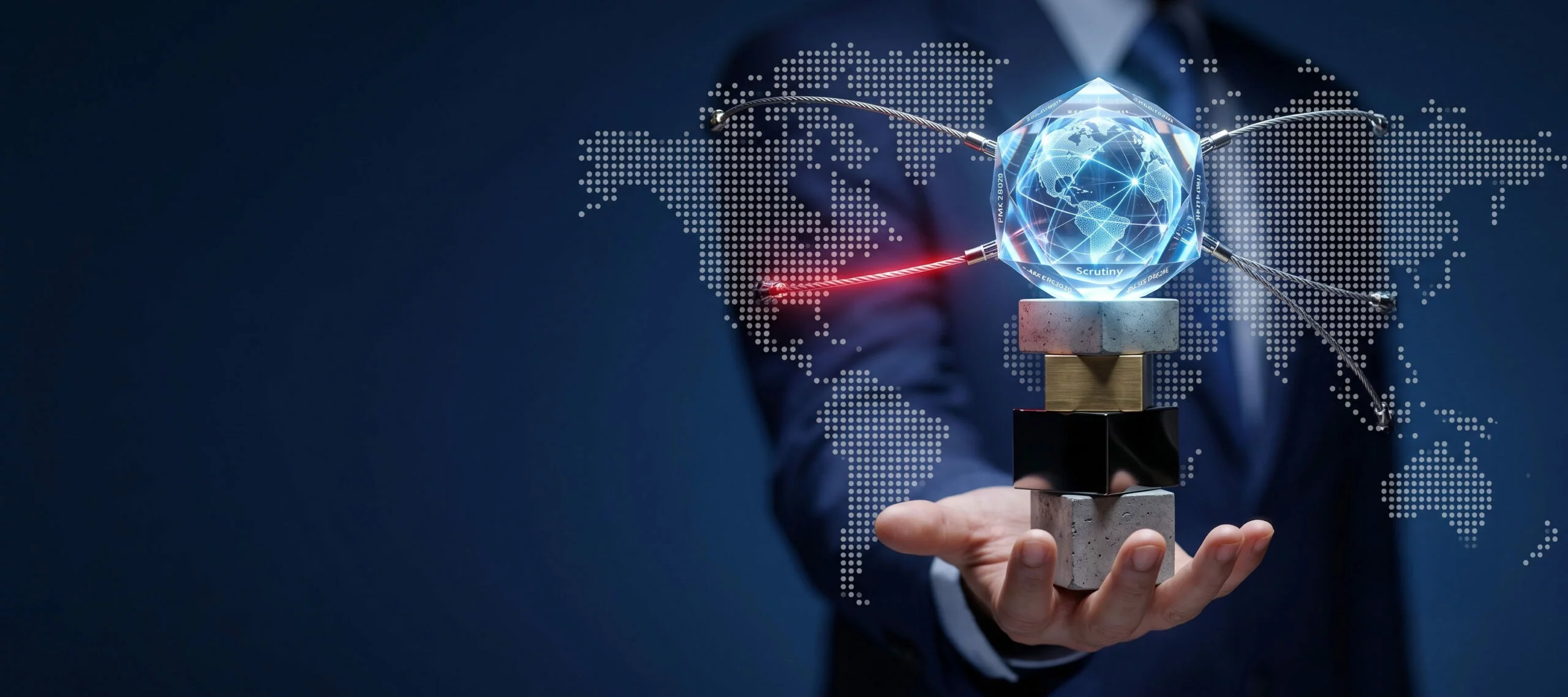 A businessman's hand balancing a crystal globe and taut network wires on a stack of concrete and metal blocks, symbolizing the high stakes and strict scrutiny of transfer pricing structures under PMK 28/2026.