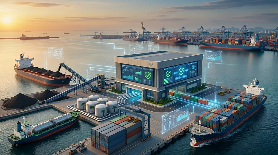 Aerial view of a modern one-gate export terminal handling coal conveyor belts, palm oil storage tanks, and container ships, featuring digital logistic tracking overlays.