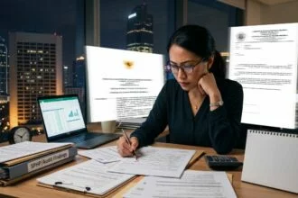 Professional Preparing SPHP Tax Audit Response A Southeast Asian female tax professional working late in a corporate office, carefully reviewing Notification of Tax Audit Findings (SPHP) documents to prepare a response for the 5-day deadline.