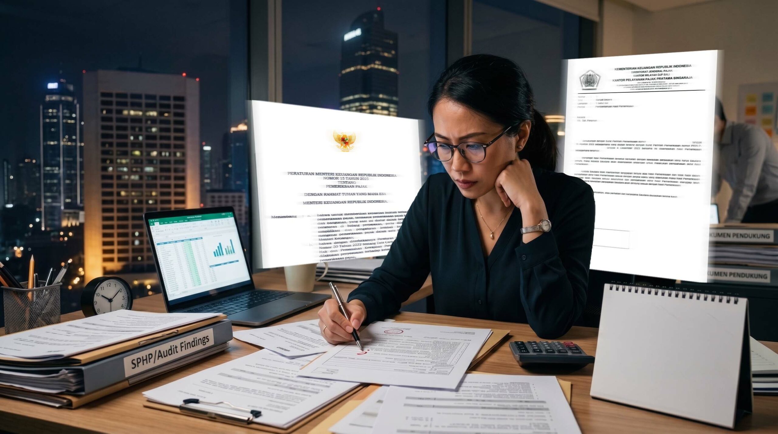 A Southeast Asian female tax professional working late in a corporate office, carefully reviewing Notification of Tax Audit Findings (SPHP) documents to prepare a response for the 5-day deadline.